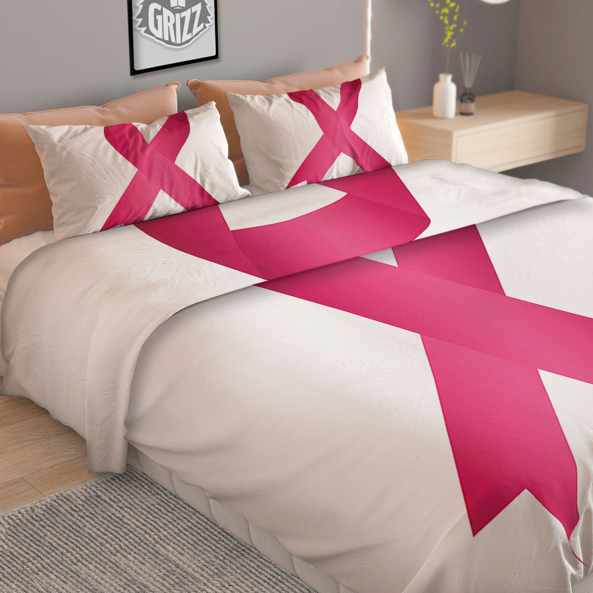 Breast Cancer White And Pink Print Duvet Cover Bedding Set