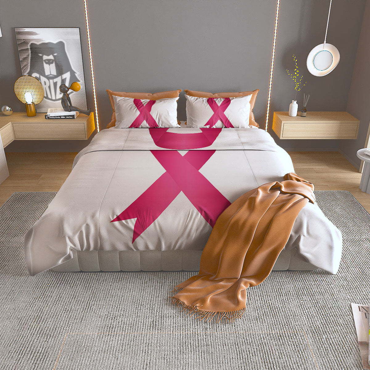 Breast Cancer White And Pink Print Duvet Cover Bedding Set