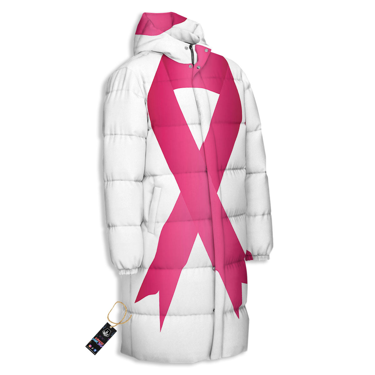 Breast Cancer White And Pink Print Long Down Jacket-grizzshop