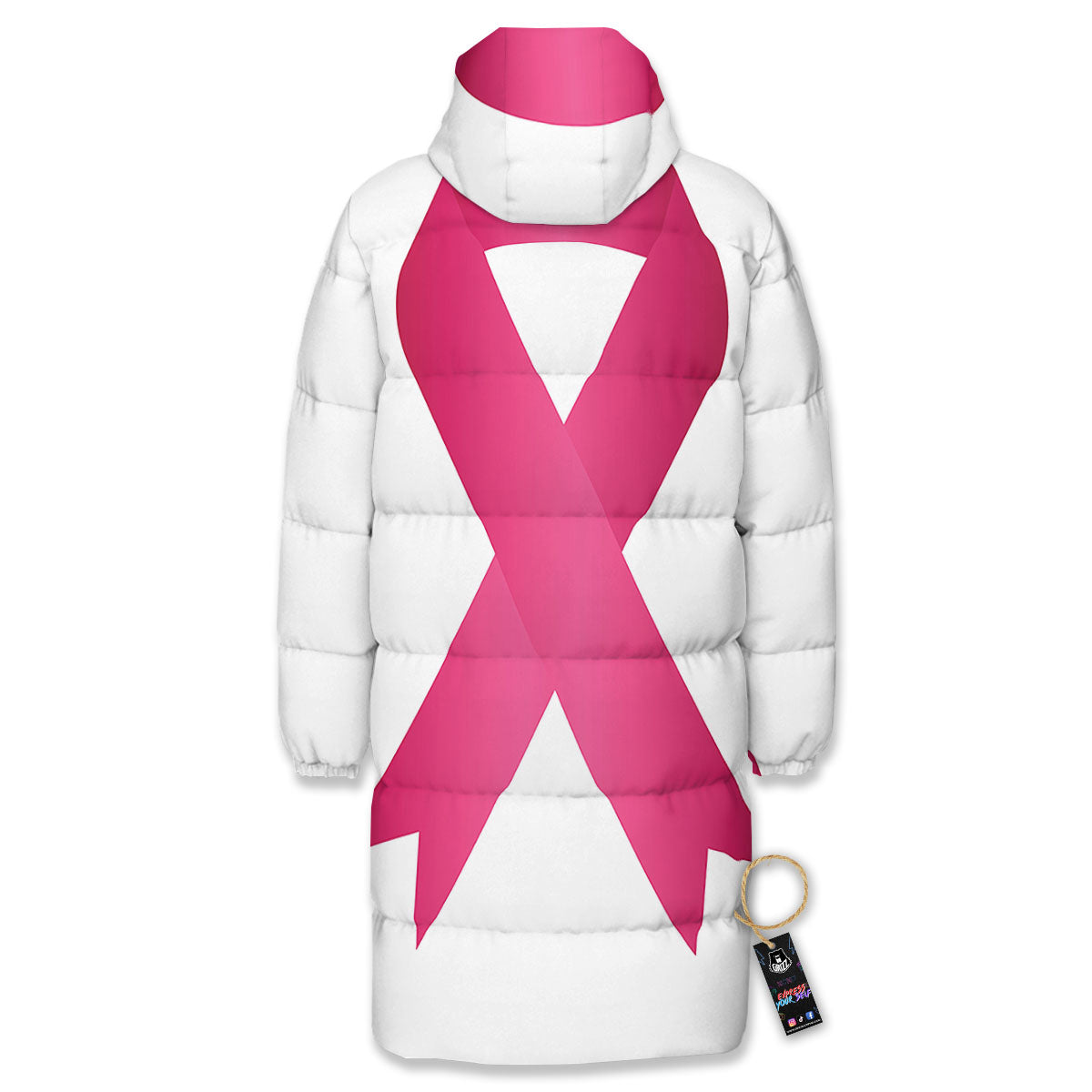 Breast Cancer White And Pink Print Long Down Jacket-grizzshop