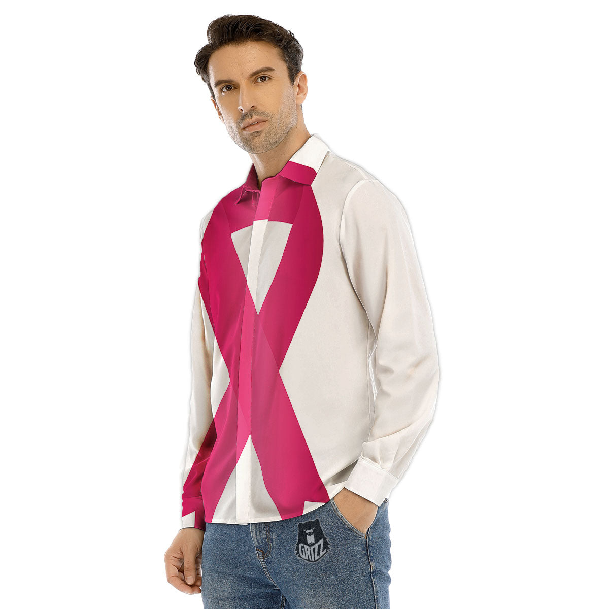 Breast Cancer White And Pink Print Men's Dress Shirts-grizzshop