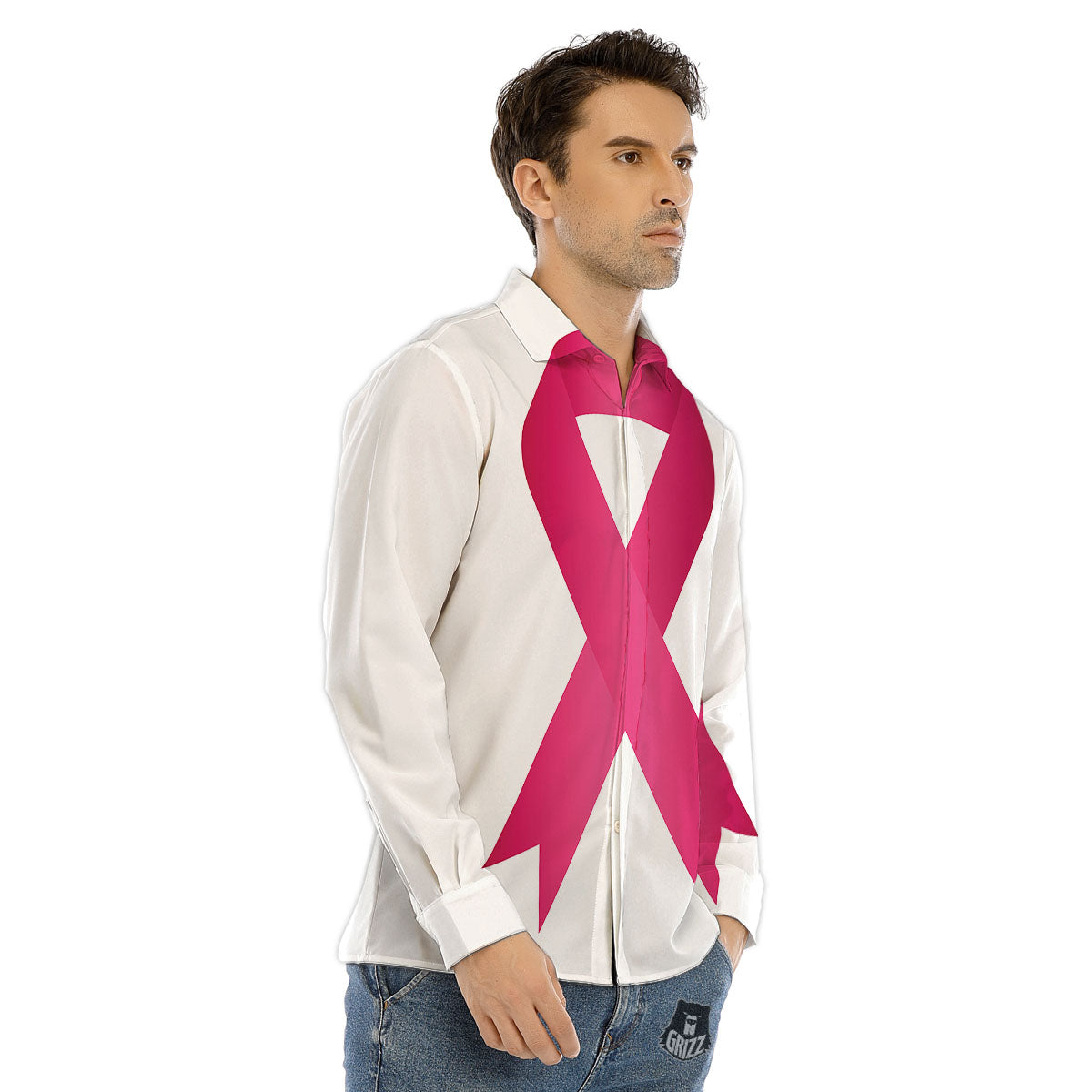 Breast Cancer White And Pink Print Men's Dress Shirts-grizzshop