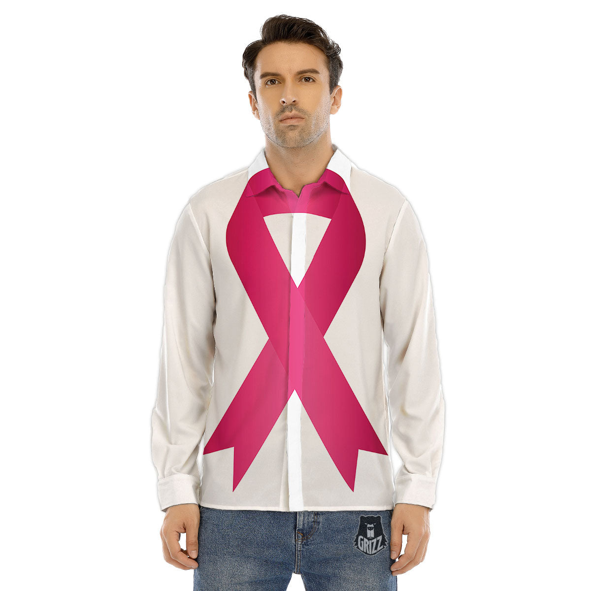 Breast Cancer White And Pink Print Men's Dress Shirts-grizzshop