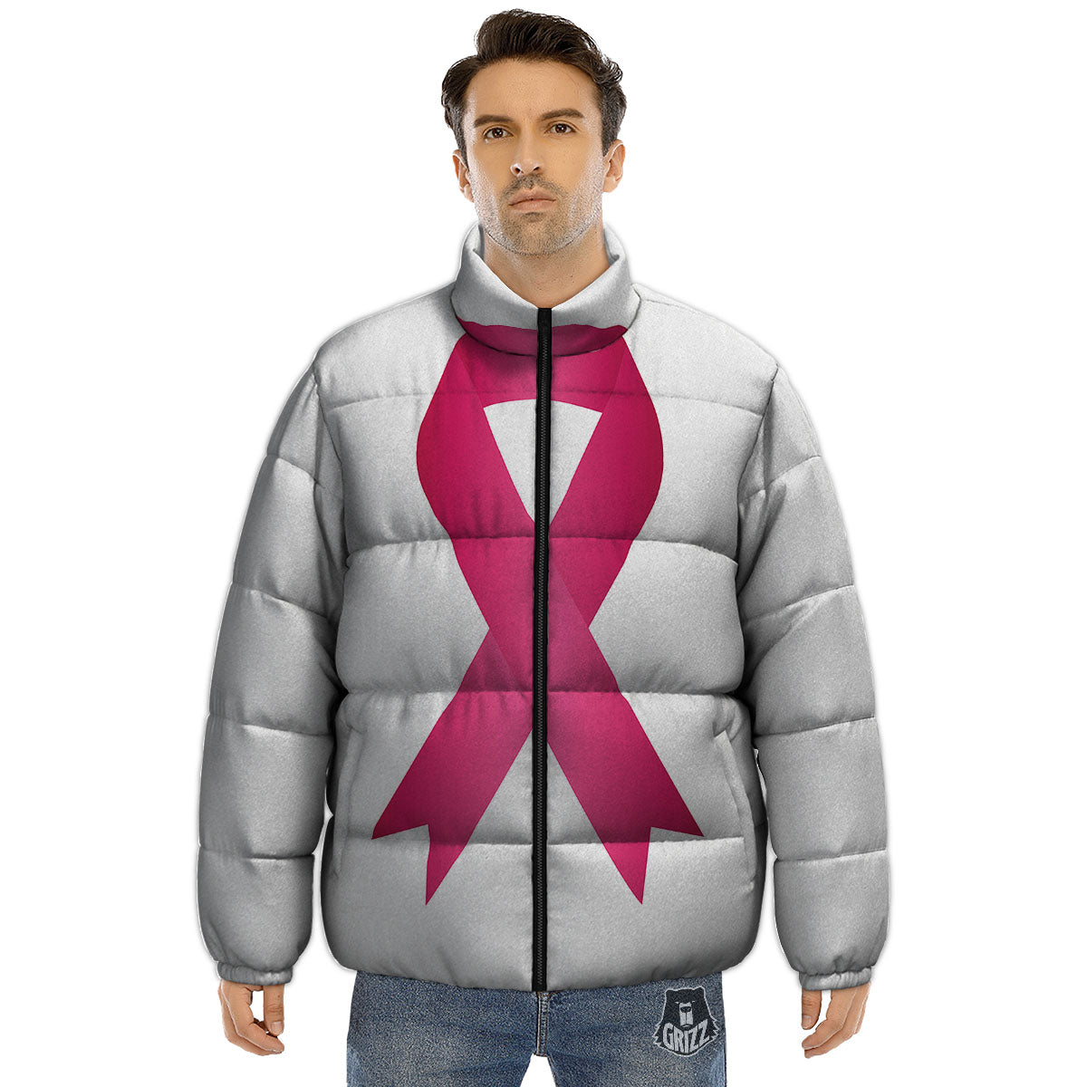 Breast Cancer White And Pink Print Puffer Jacket-grizzshop