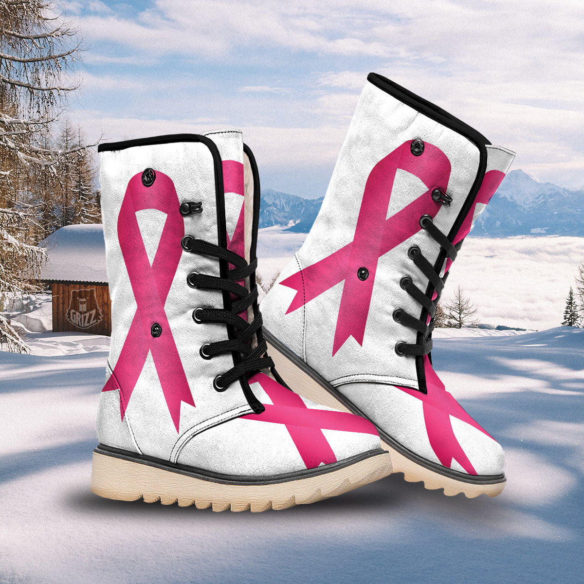 Breast Cancer White And Pink Print Snow Boots-grizzshop