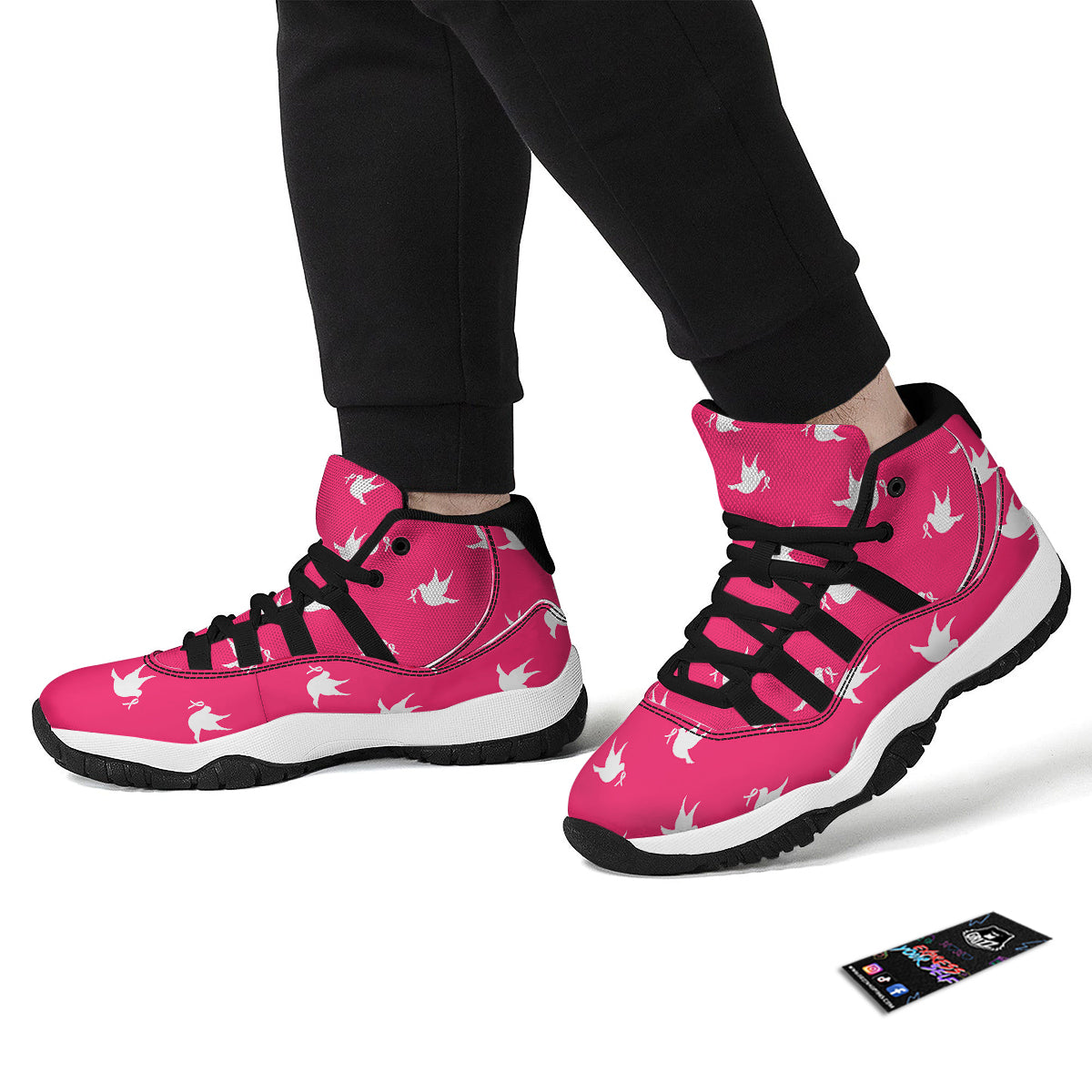 Breast Cancer White Dove Print Pattern Black Bball Shoes-grizzshop