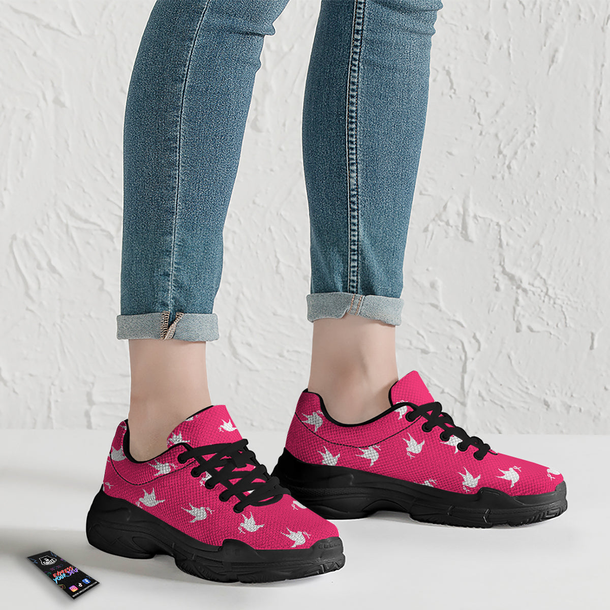 Breast Cancer White Dove Print Pattern Black Chunky Shoes-grizzshop