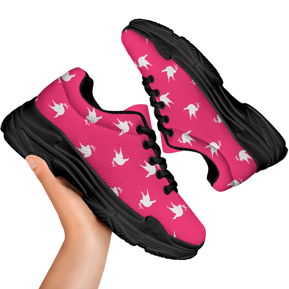 Breast Cancer White Dove Print Pattern Black Chunky Shoes-grizzshop