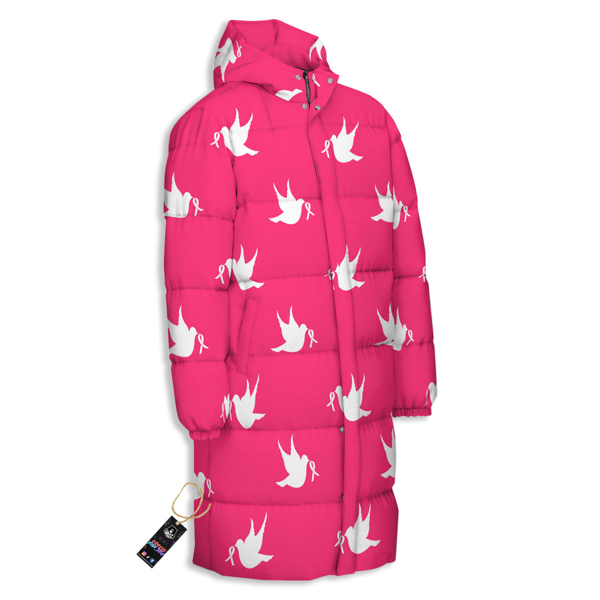 Breast Cancer White Dove Print Pattern Long Down Jacket-grizzshop