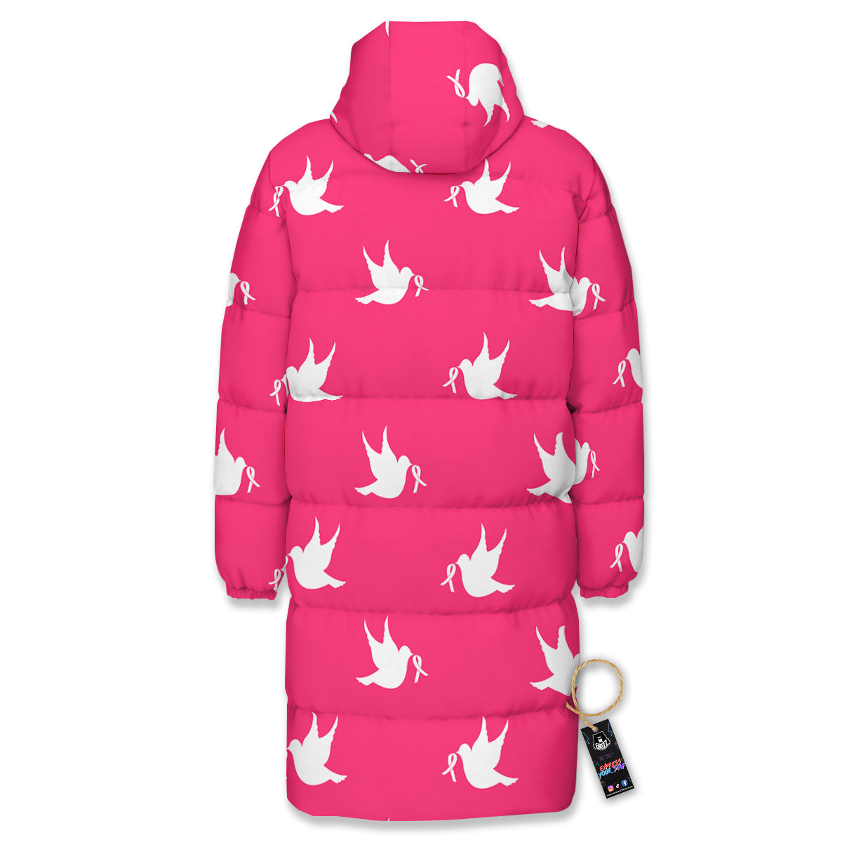Breast Cancer White Dove Print Pattern Long Down Jacket-grizzshop