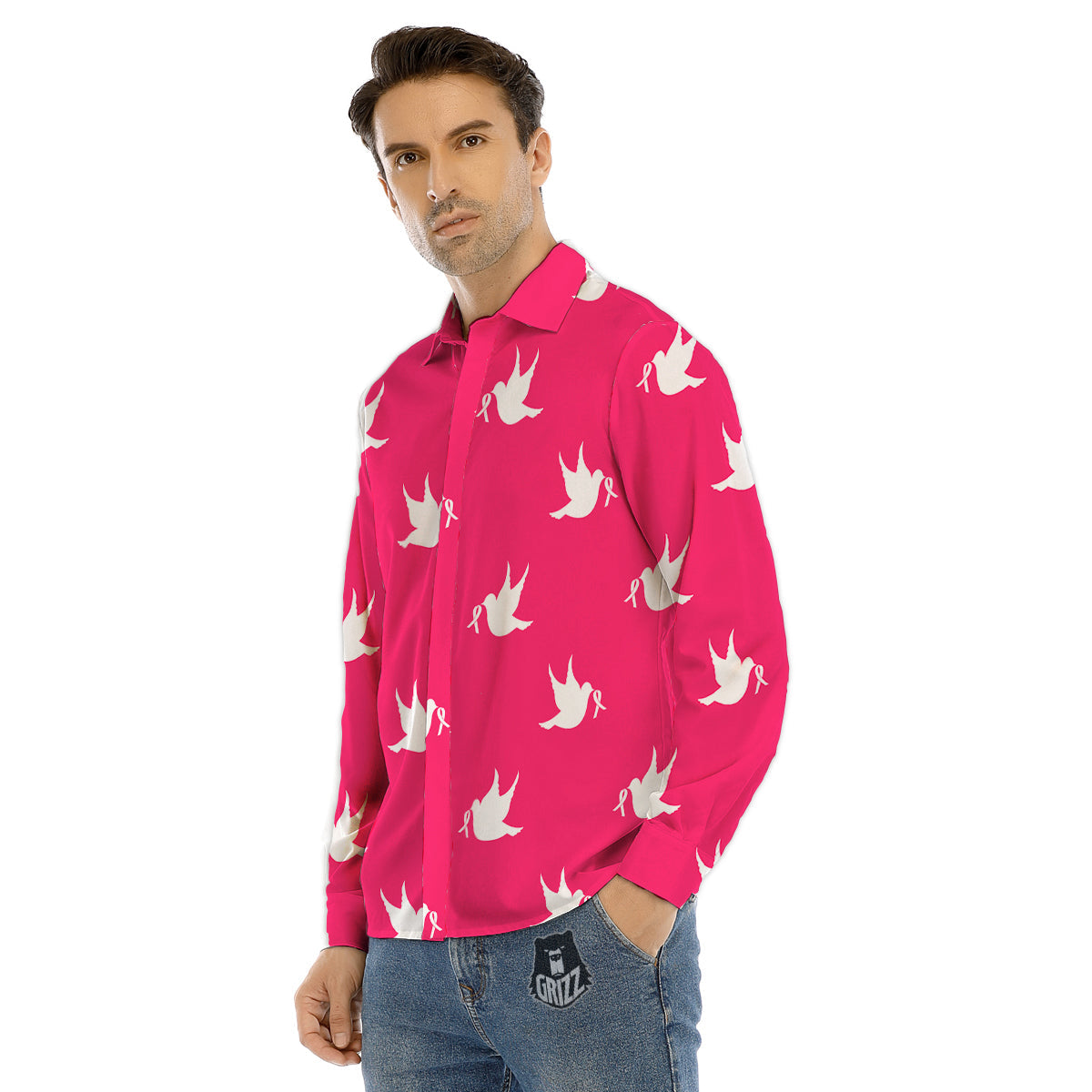 Breast Cancer White Dove Print Pattern Men's Dress Shirts-grizzshop