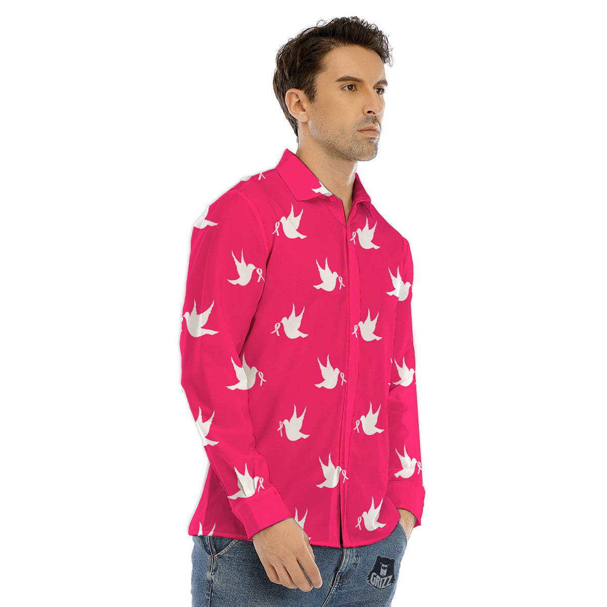 Breast Cancer White Dove Print Pattern Men's Dress Shirts-grizzshop