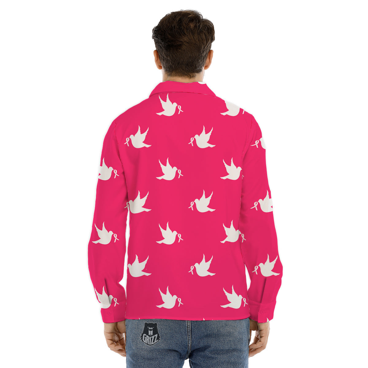 Breast Cancer White Dove Print Pattern Men's Dress Shirts-grizzshop