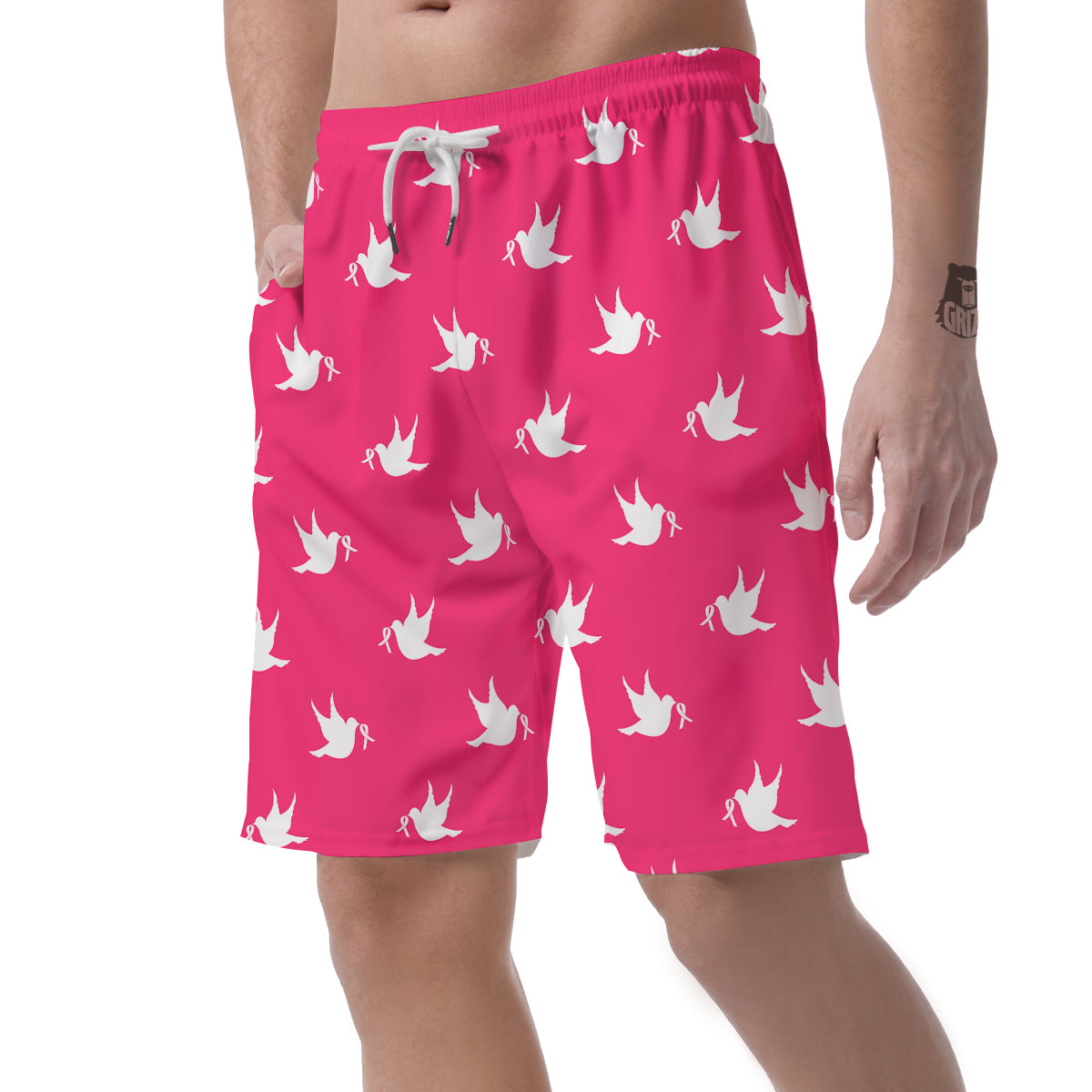 Breast Cancer White Dove Print Pattern Men's Shorts-grizzshop