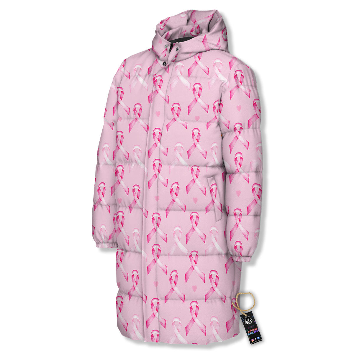Breast Cancer Awareness Print Pattern Long Down Jacket