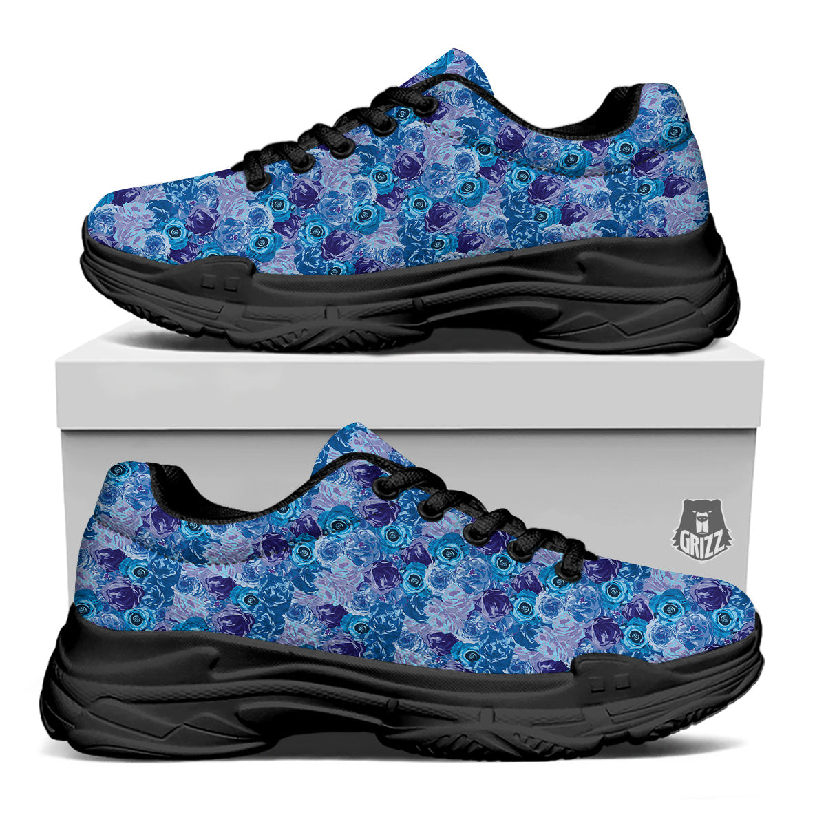 Bright Blue Rose Print Black Chunky Shoes-grizzshop