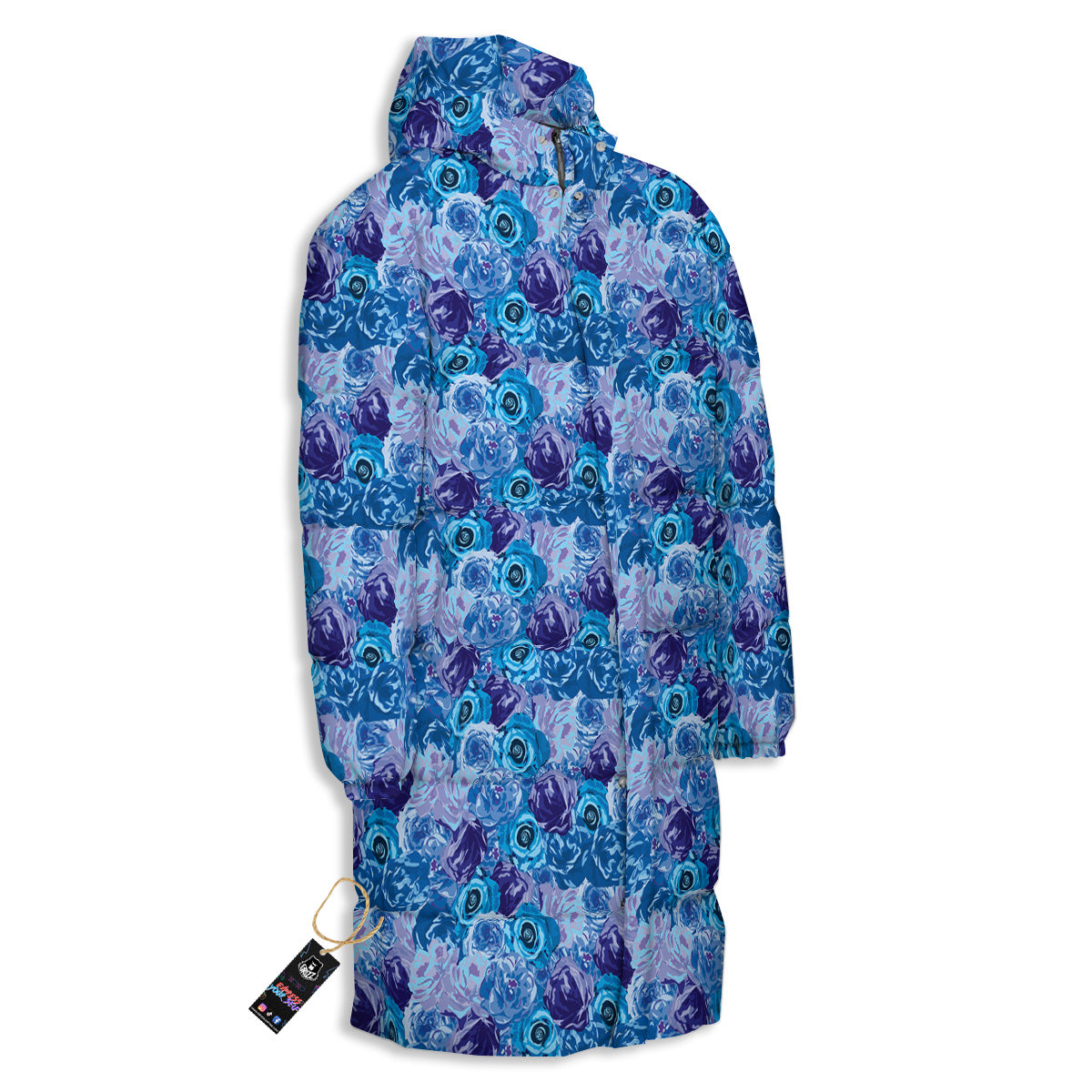 Bright Blue Rose Print Long Down Jacket-grizzshop
