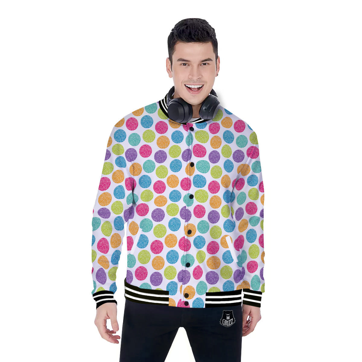 Bright Polka Dot Colorful Print Pattern Baseball Jacket-grizzshop