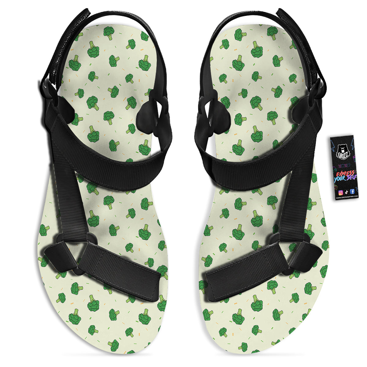 Broccoli Green Print Pattern Black Open Toe Sandals-grizzshop