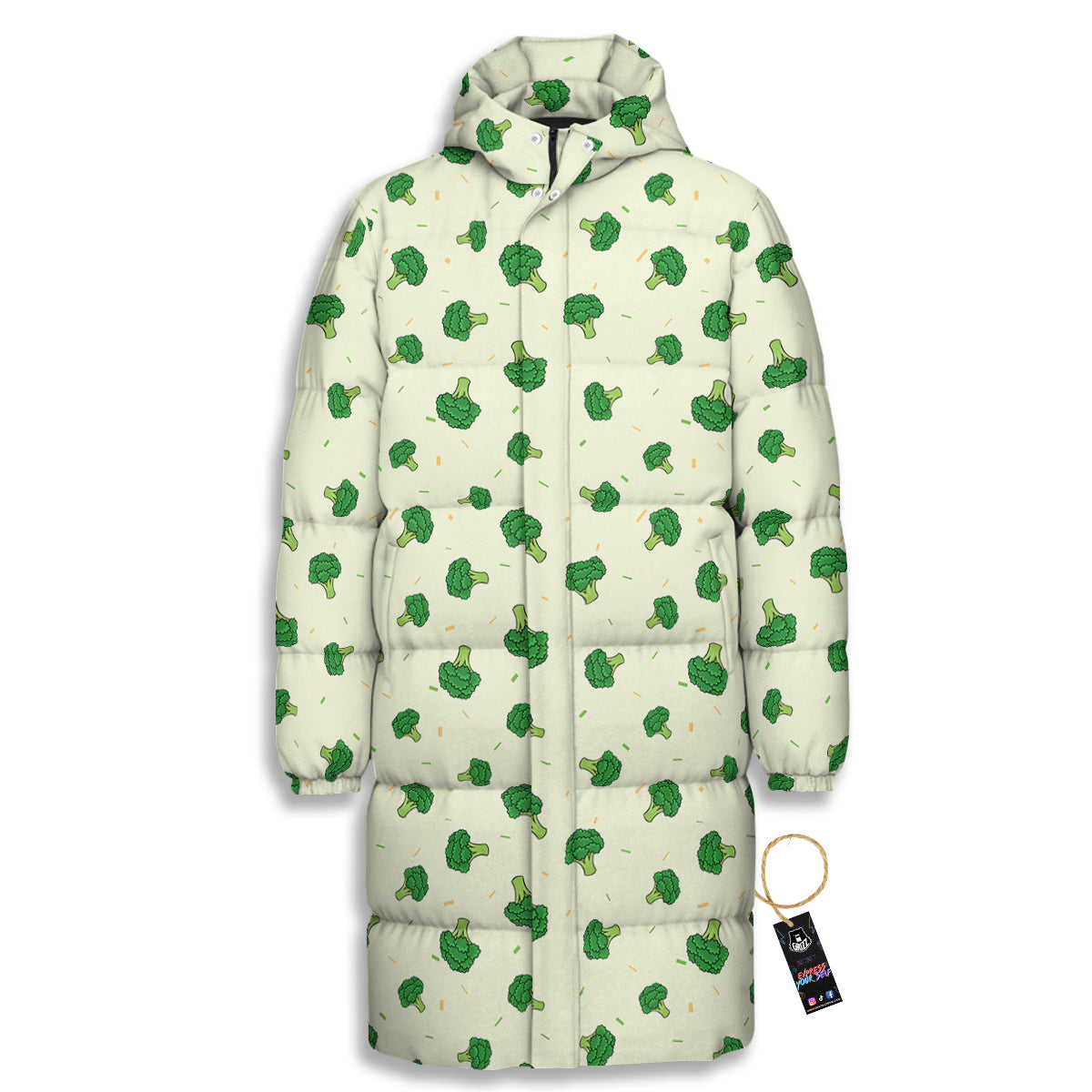 Broccoli Green Print Pattern Long Down Jacket-grizzshop