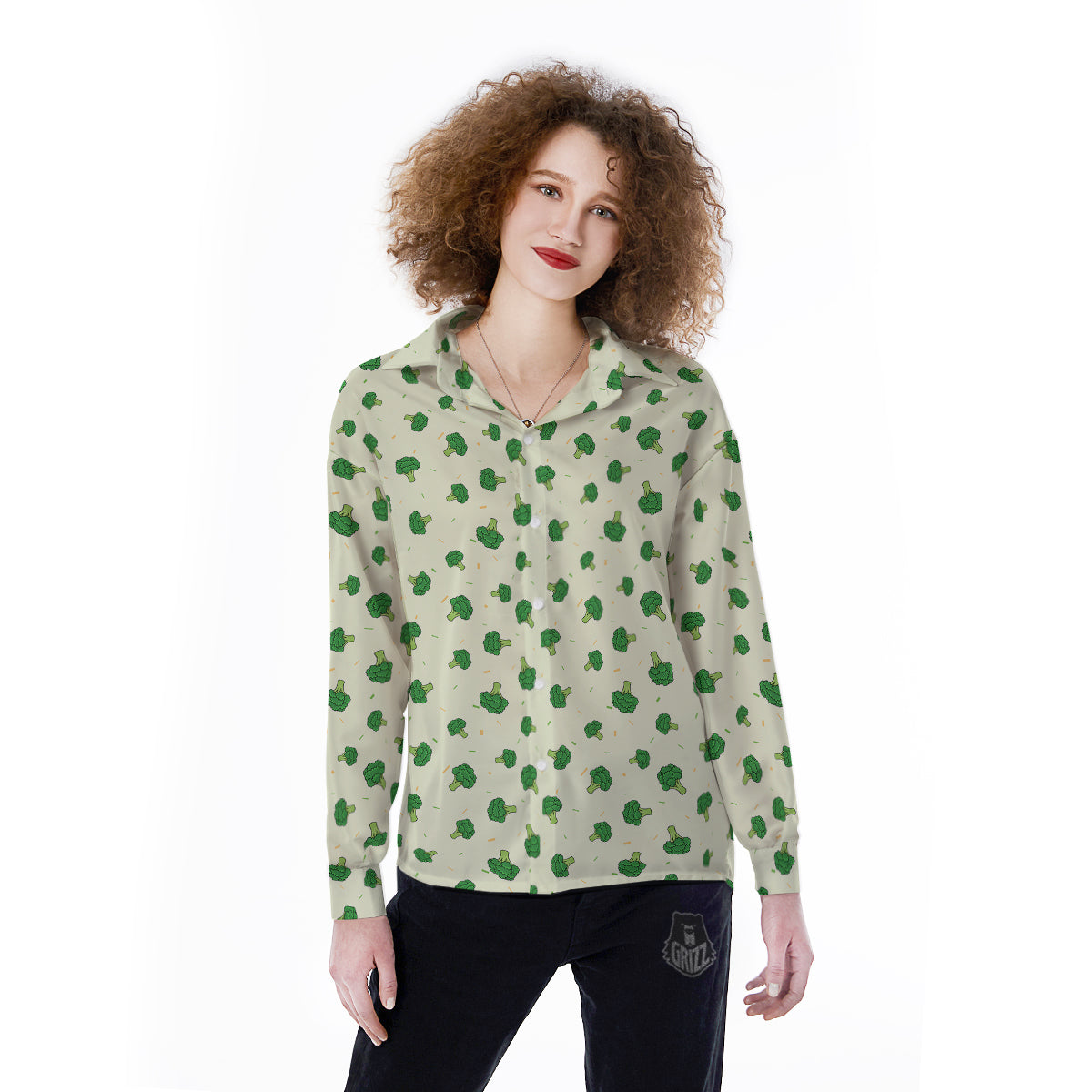 Broccoli Green Print Pattern Women's Long Sleeve Shirts-grizzshop