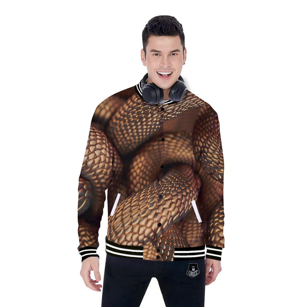 Bronze Snake Print Baseball Jacket-grizzshop