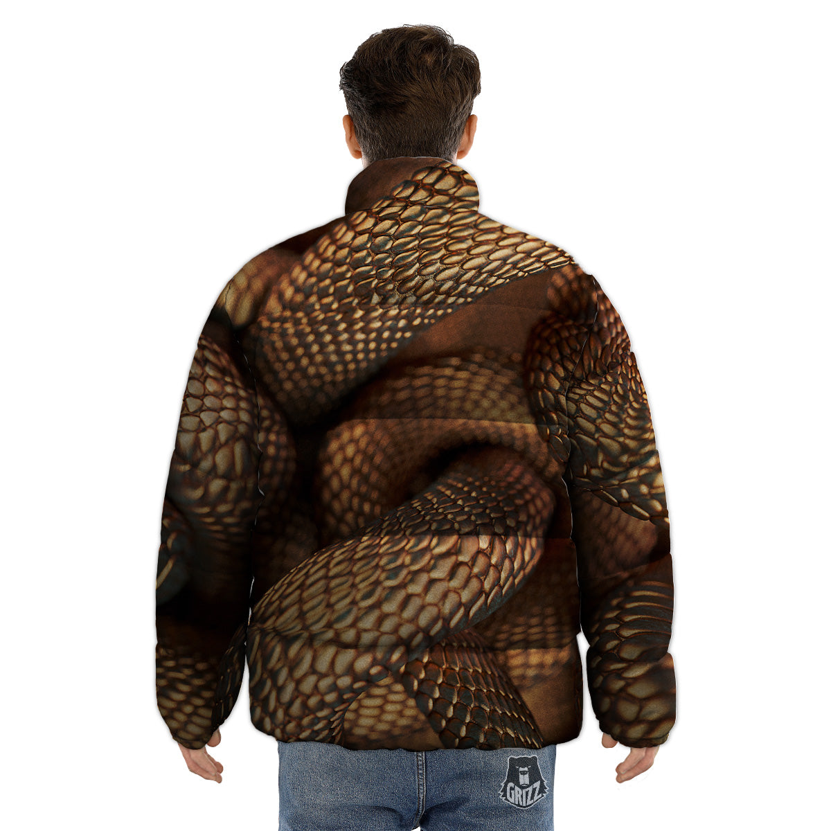 Bronze Snake Print Puffer Jacket-grizzshop