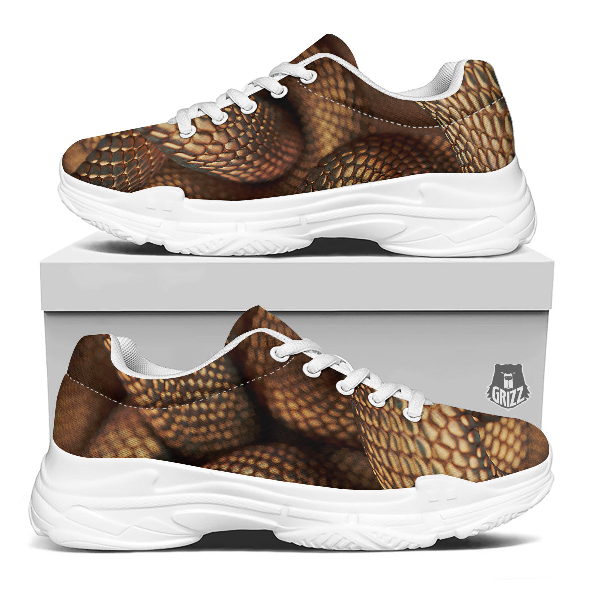 Bronze Snake Print White Chunky Shoes-grizzshop