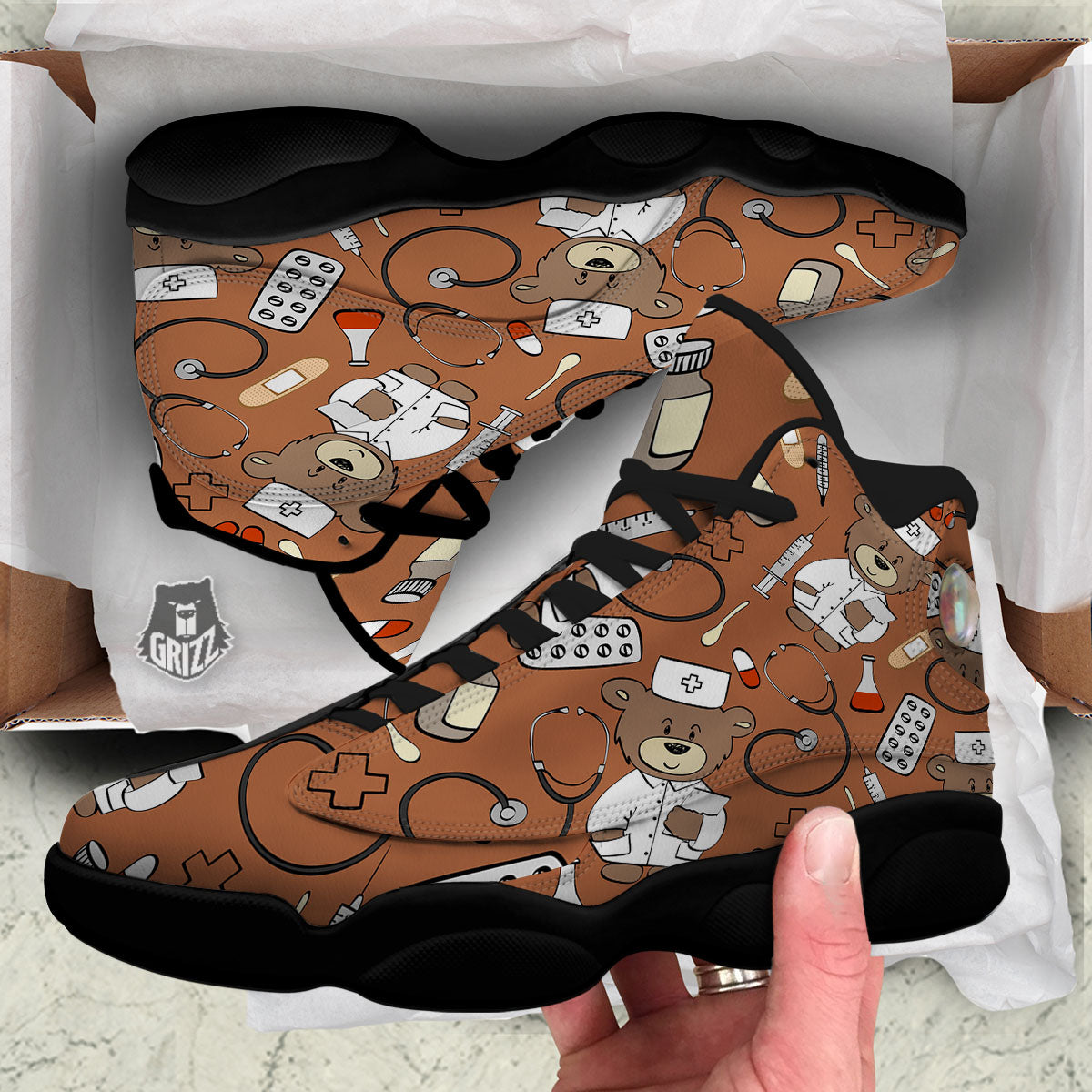Bronze Teddy Bear Nurse Black Basketball Shoes-grizzshop