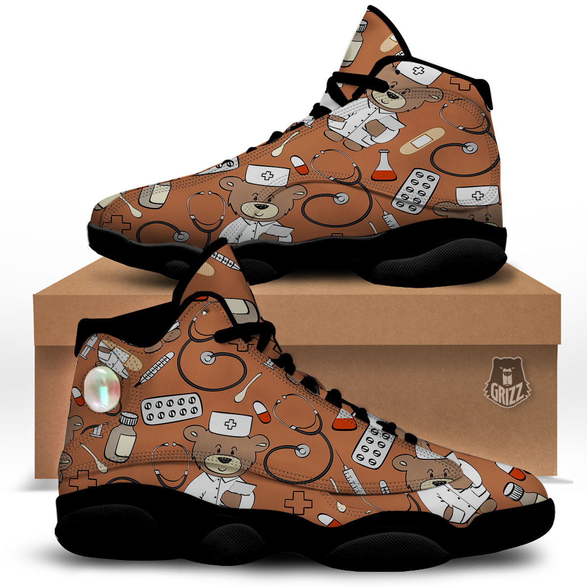 Bronze Teddy Bear Nurse Black Basketball Shoes-grizzshop