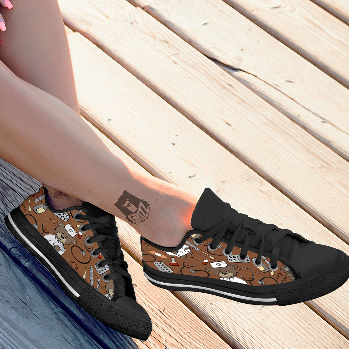 Bronze Teddy Bear Nurse Black Low Top Shoes-grizzshop