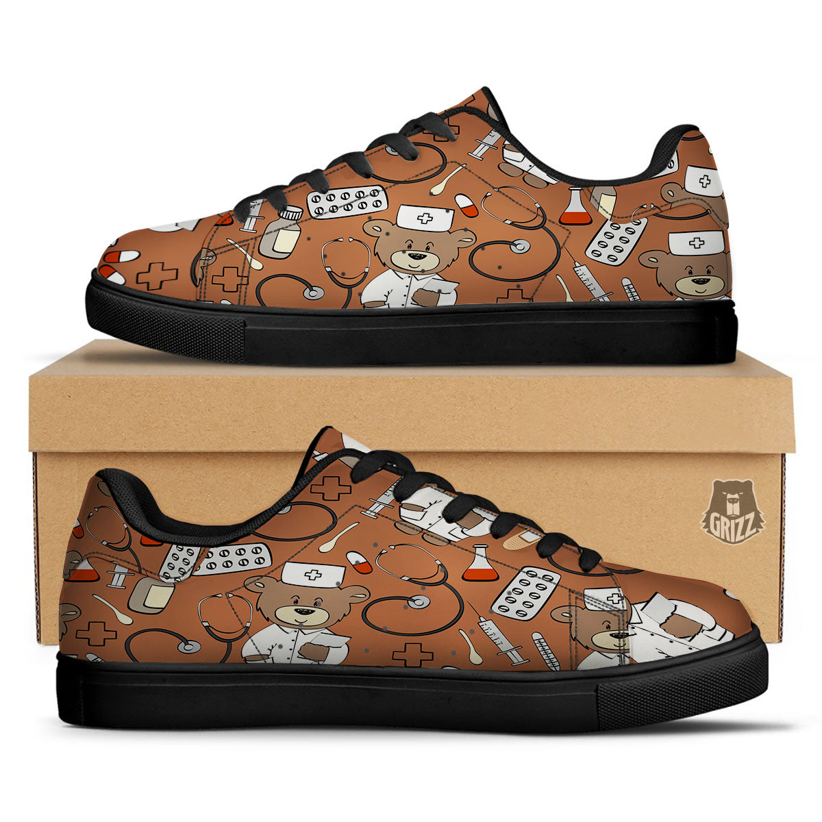 Bronze Teddy Bear Nurse Black Low Top Sneakers-grizzshop