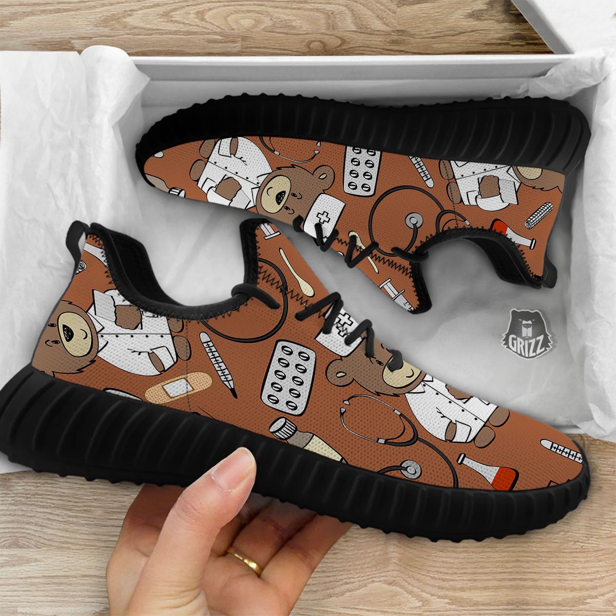 Bronze Teddy Bear Nurse Black Walking Shoes-grizzshop