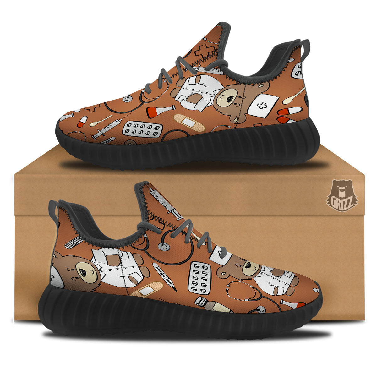 Bronze Teddy Bear Nurse Black Walking Shoes-grizzshop