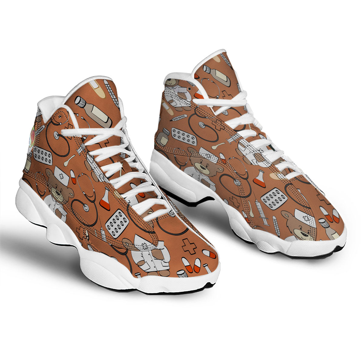 Bronze Teddy Bear Nurse White Basketball Shoes-grizzshop