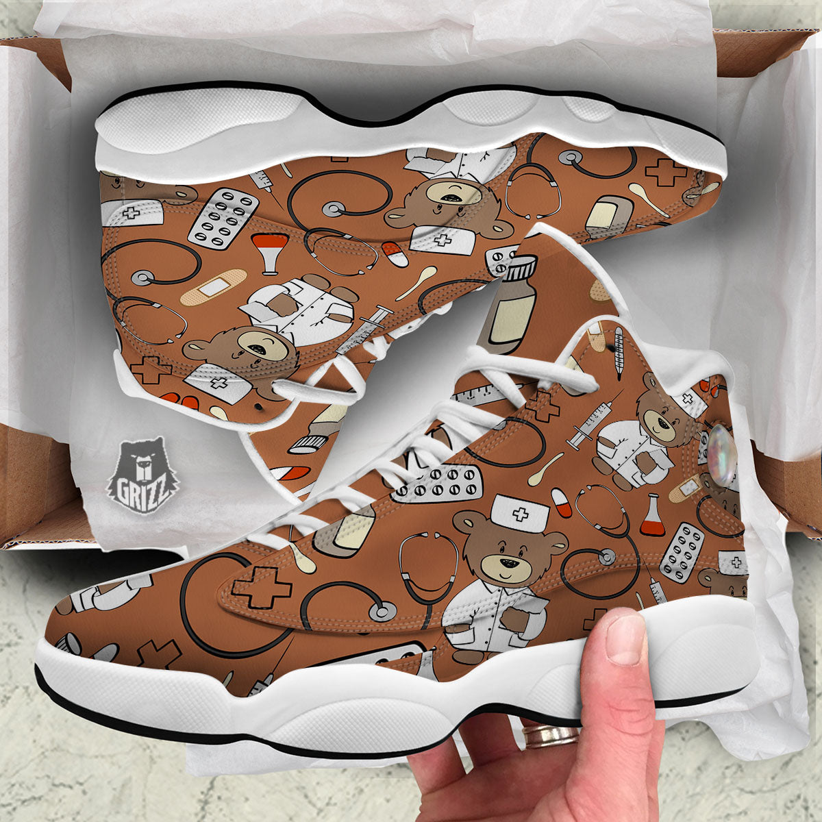 Bronze Teddy Bear Nurse White Basketball Shoes-grizzshop