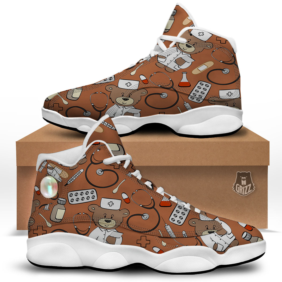 Bronze Teddy Bear Nurse White Basketball Shoes-grizzshop