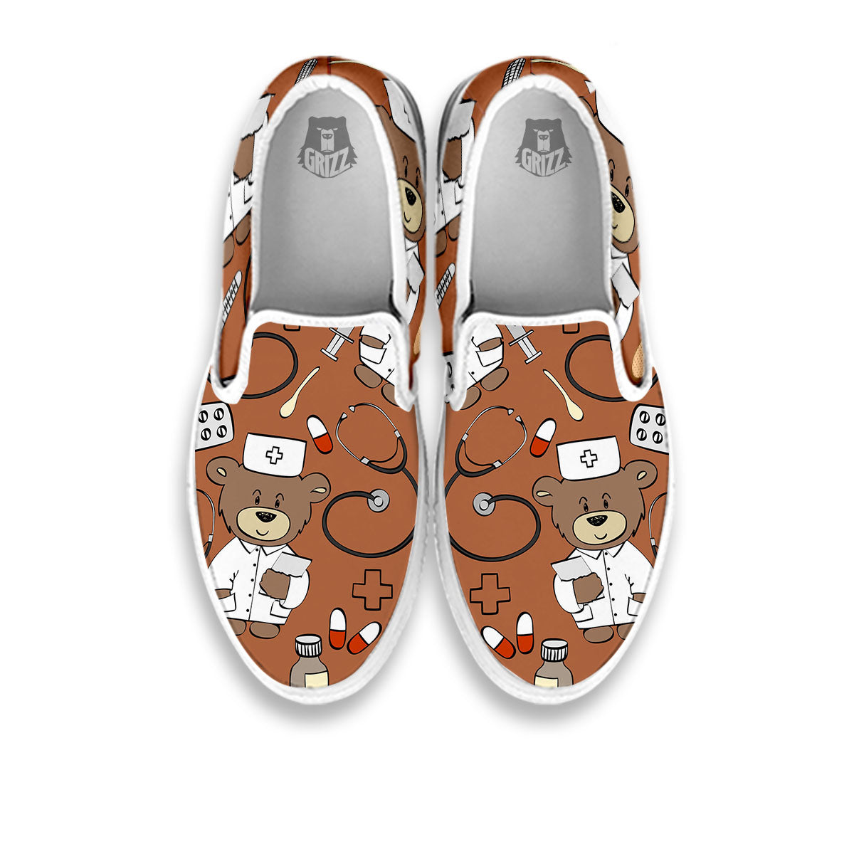 Bronze Teddy Bear Nurse White Slip On Shoes-grizzshop