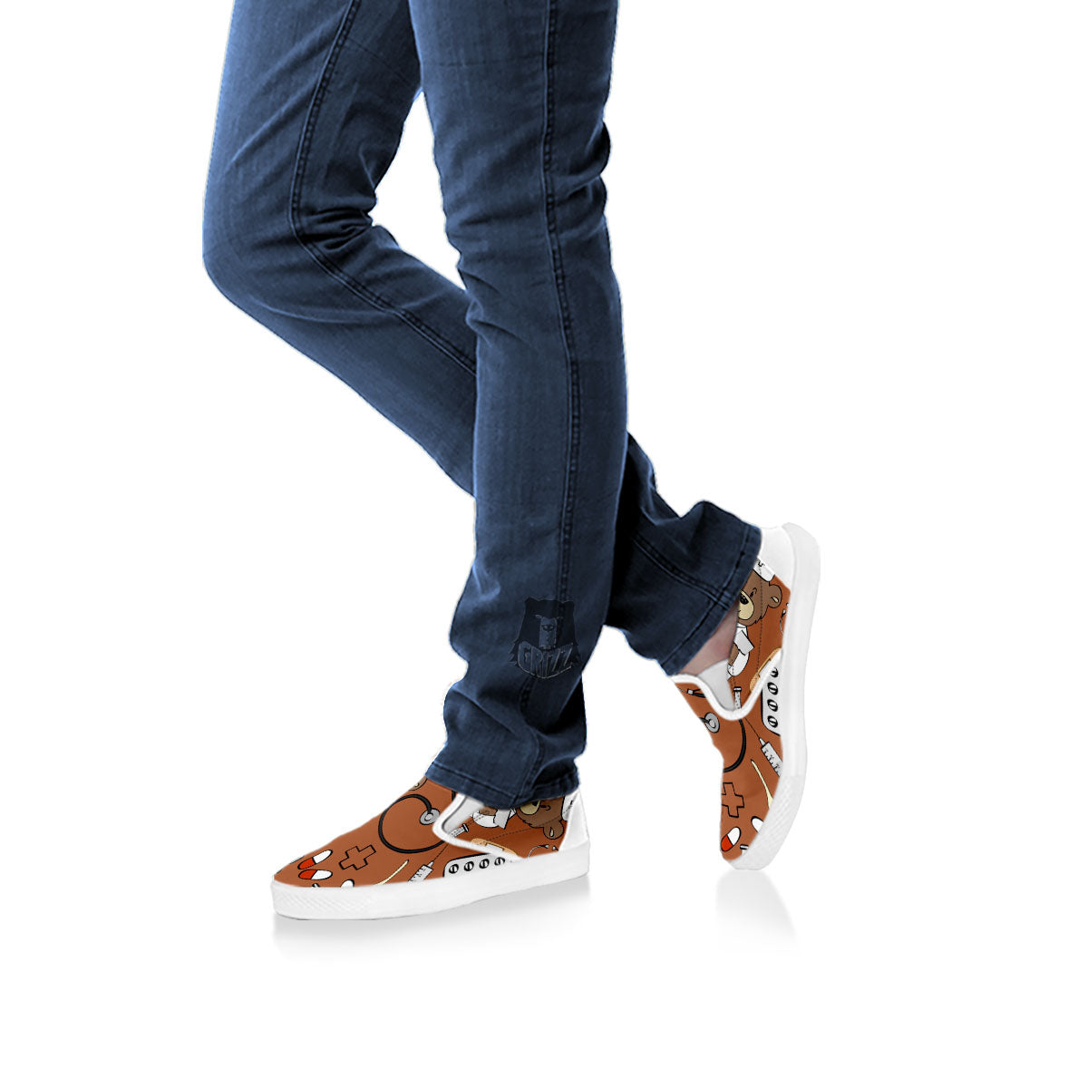 Bronze Teddy Bear Nurse White Slip On Shoes-grizzshop
