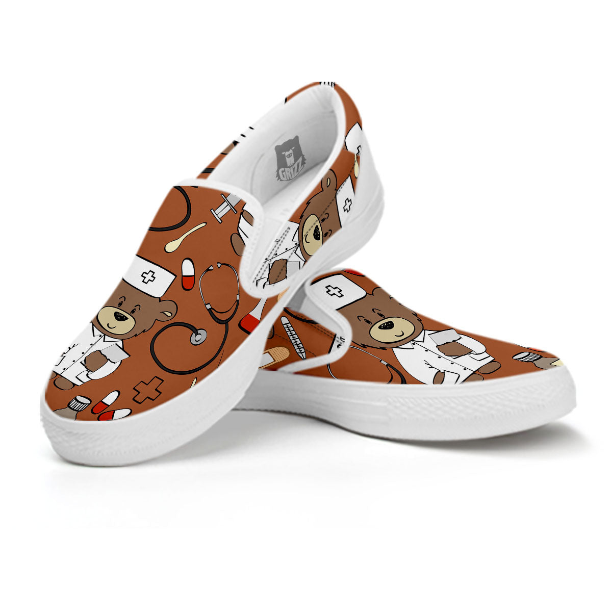 Bronze Teddy Bear Nurse White Slip On Shoes-grizzshop