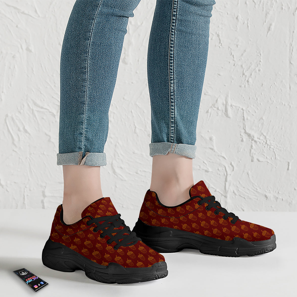 Brown Acorn Print Pattern Black Chunky Shoes-grizzshop