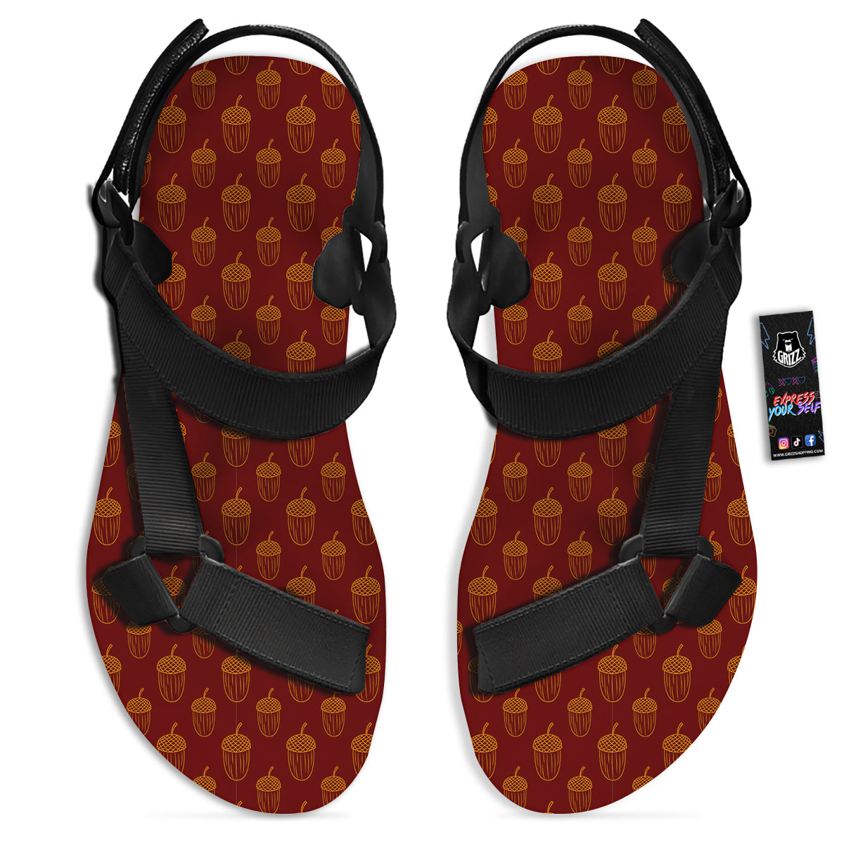 Brown Acorn Print Pattern Black Open Toe Sandals-grizzshop