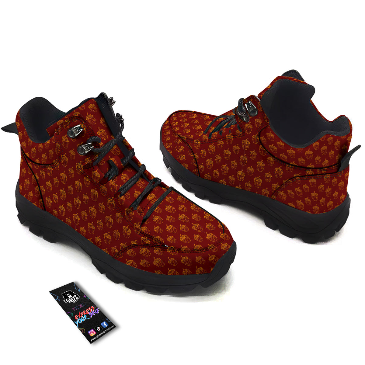 Brown Acorn Print Pattern Hiking Shoes-grizzshop