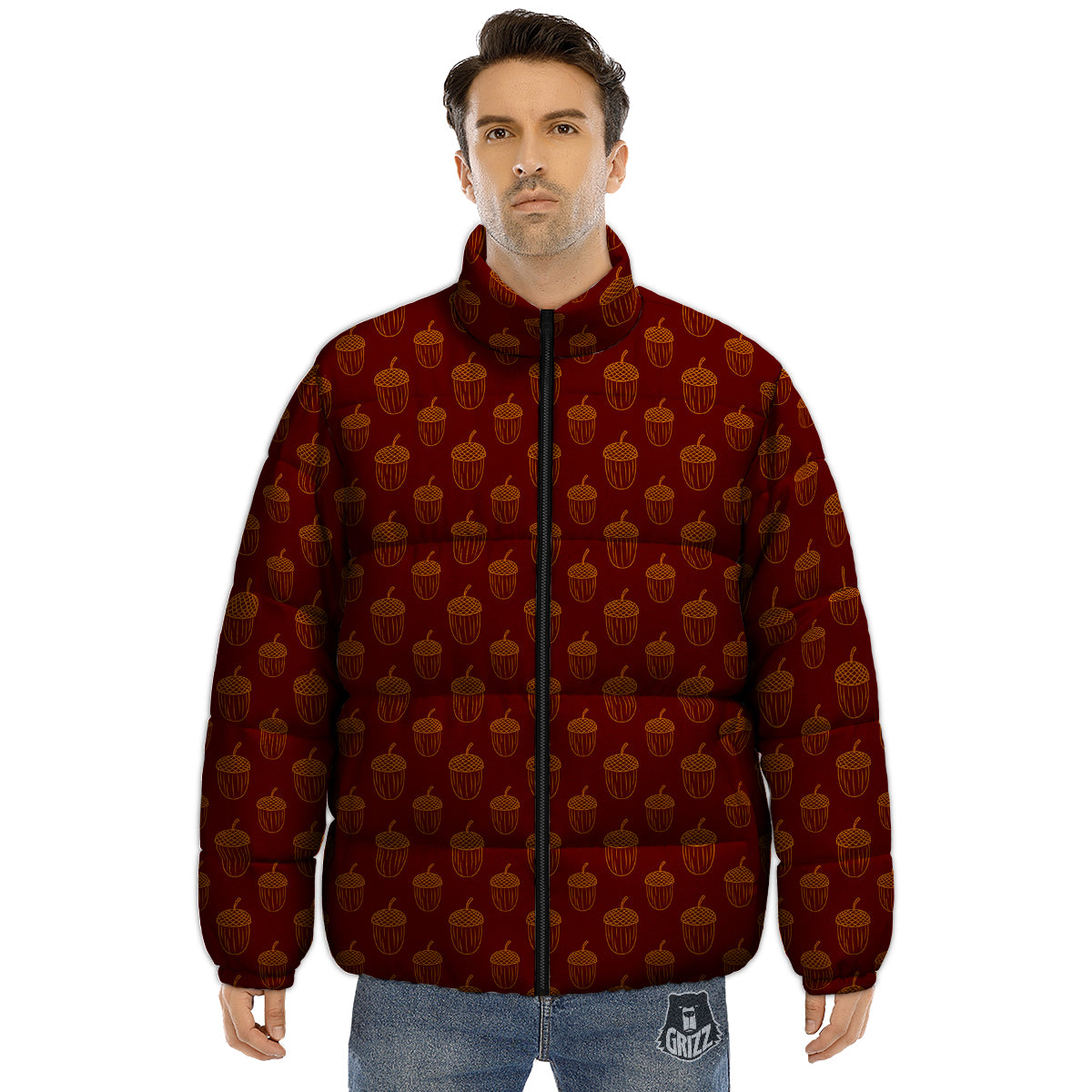 Brown Acorn Print Pattern Puffer Jacket-grizzshop