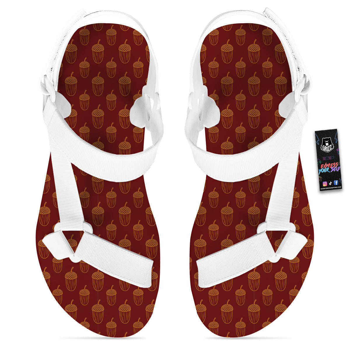 Brown Acorn Print Pattern White Open Toe Sandals-grizzshop
