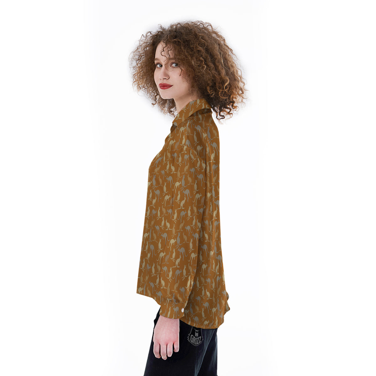 Brown And Grey Kangaroo Print Pattern Women's Long Sleeve Shirts-grizzshop