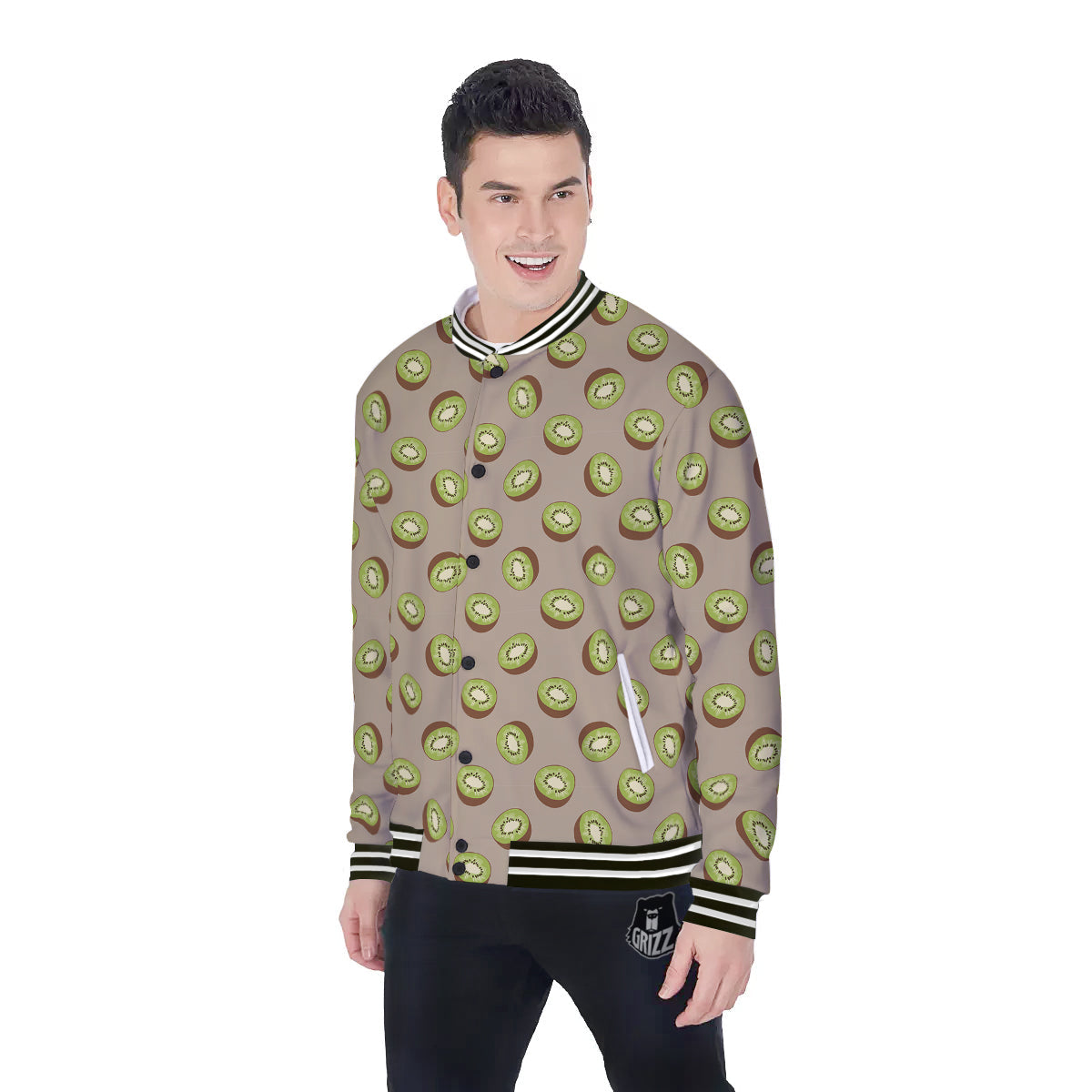 Brown And Kiwi Print Pattern Baseball Jacket-grizzshop