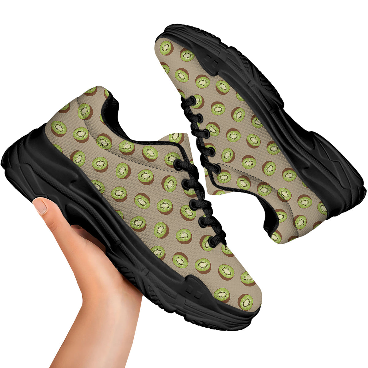 Brown And Kiwi Print Pattern Black Chunky Shoes-grizzshop