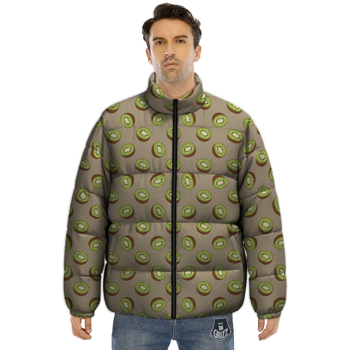Brown And Kiwi Print Pattern Puffer Jacket-grizzshop
