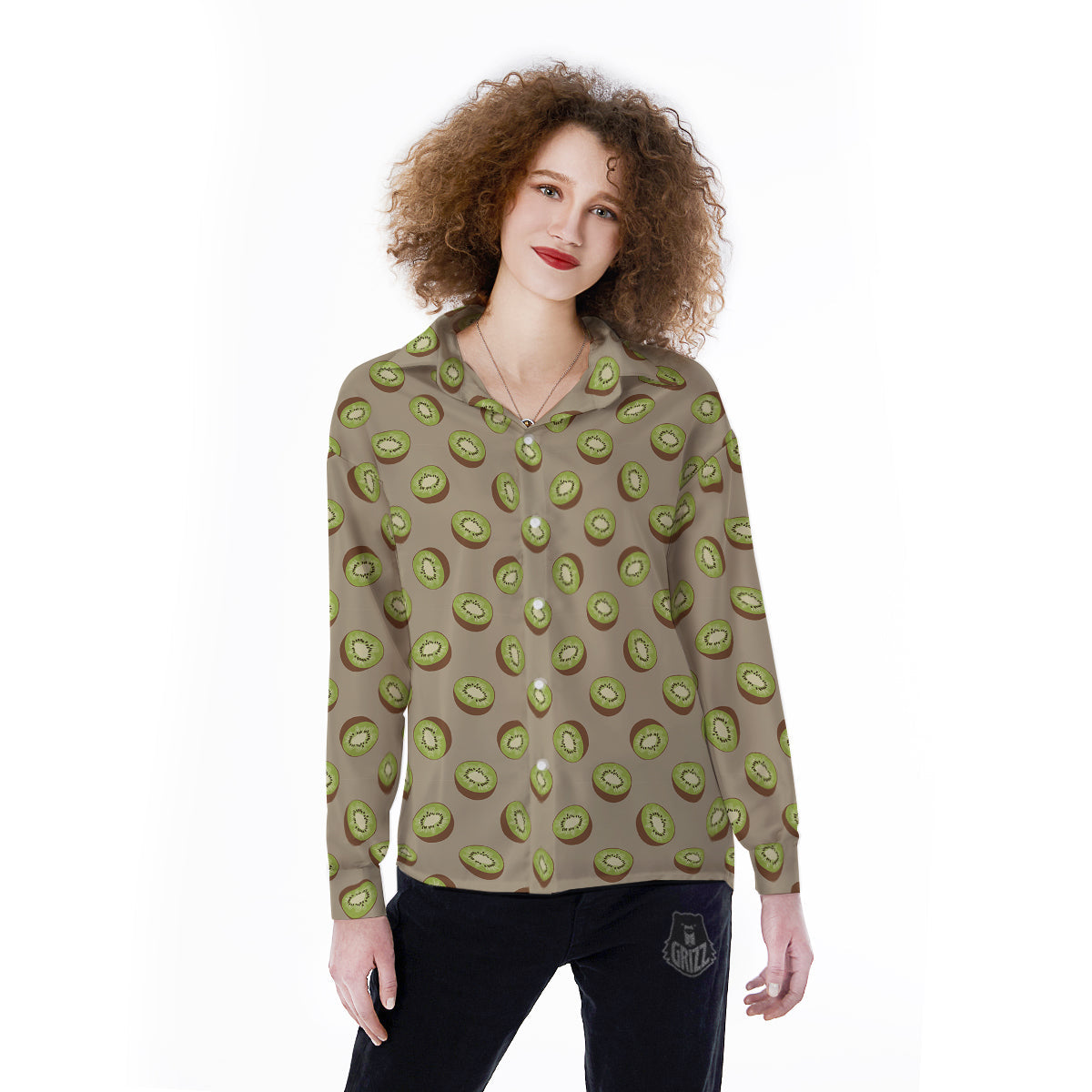 Brown And Kiwi Print Pattern Women's Long Sleeve Shirts-grizzshop